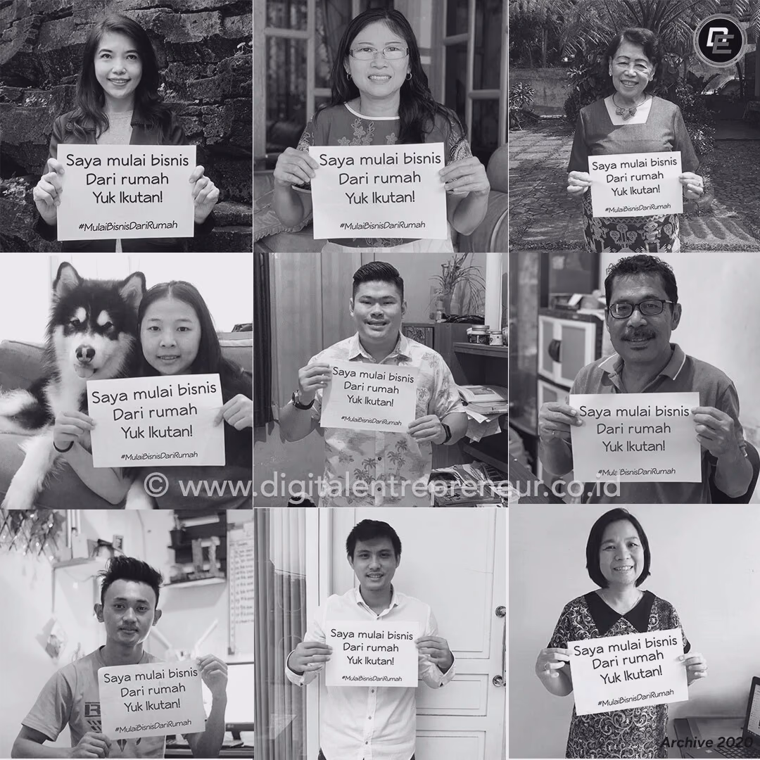 Arsip 2020. Orang-orang memegang papan bertuliskan Saya mulai bisnis dari rumah. Yuk ikutan!